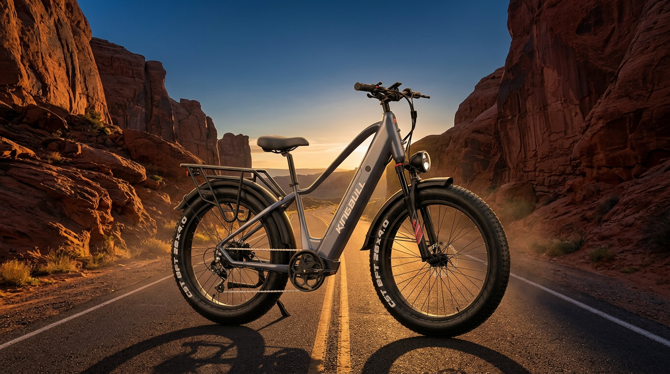 Kingbull Discover ST 2.0 step-through e-bike in a red-rock desert canyon at dusk