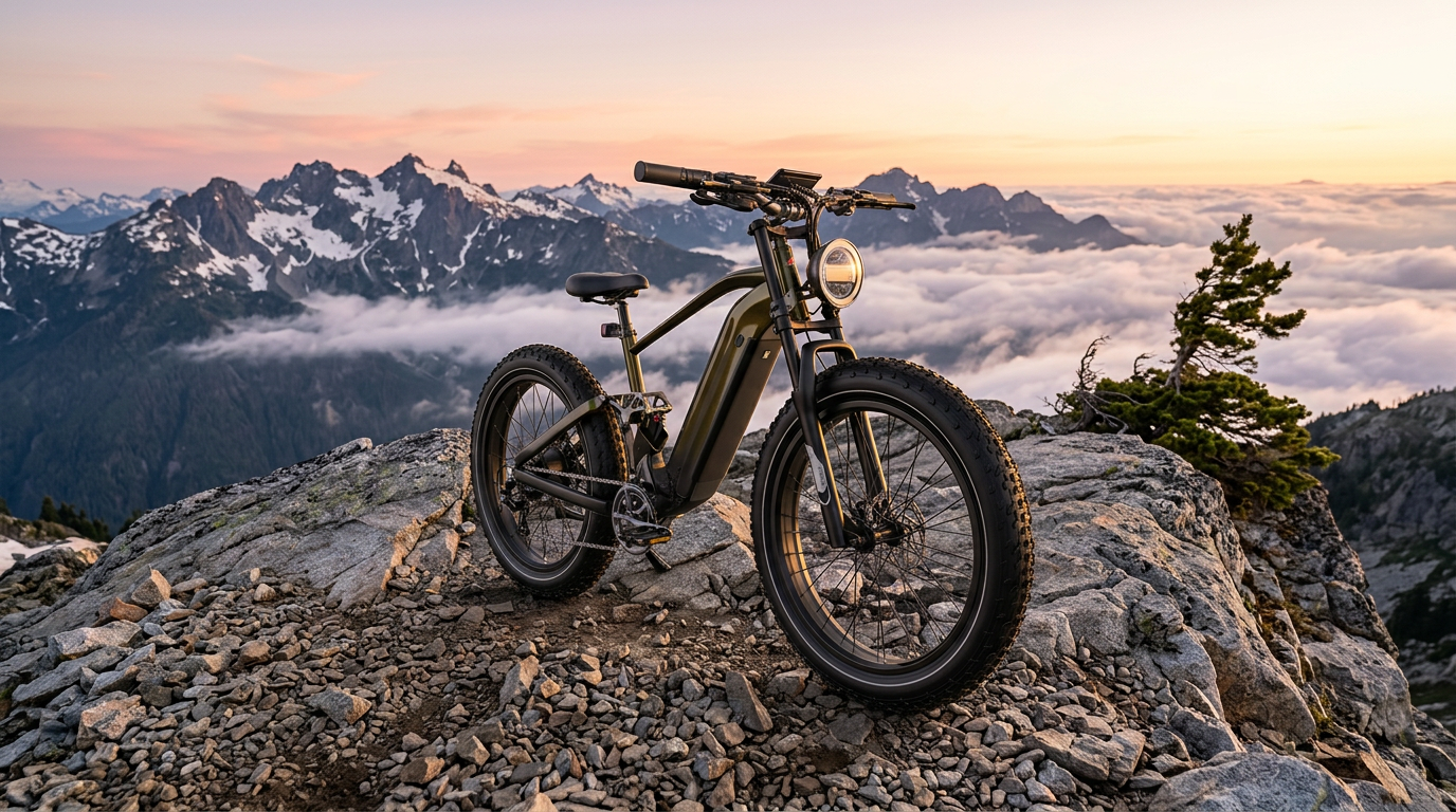 Kingbull EX Titan electric mountain bike parked on an alpine granite ridge at sunrise