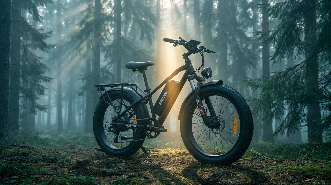 Kingbull Hunter 2.0 hunting e-bike in a misty pine forest at dawn