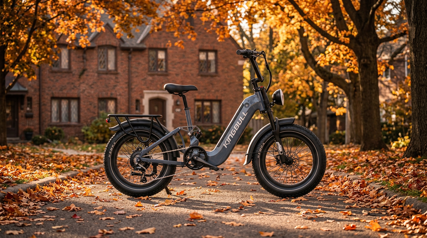 Kingbull Jumper Go compact e-bike on an autumn neighborhood path scattered with fallen leaves