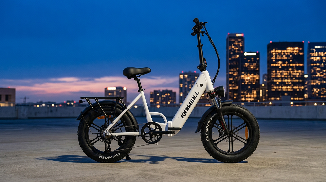 Kingbull Literider 2.0 folding fat-tire e-bike on a city rooftop at blue hour