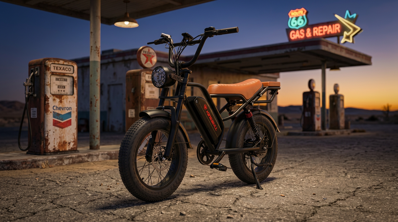 Kingbull Ranger vintage off-road e-bike at a retro desert gas station at twilight