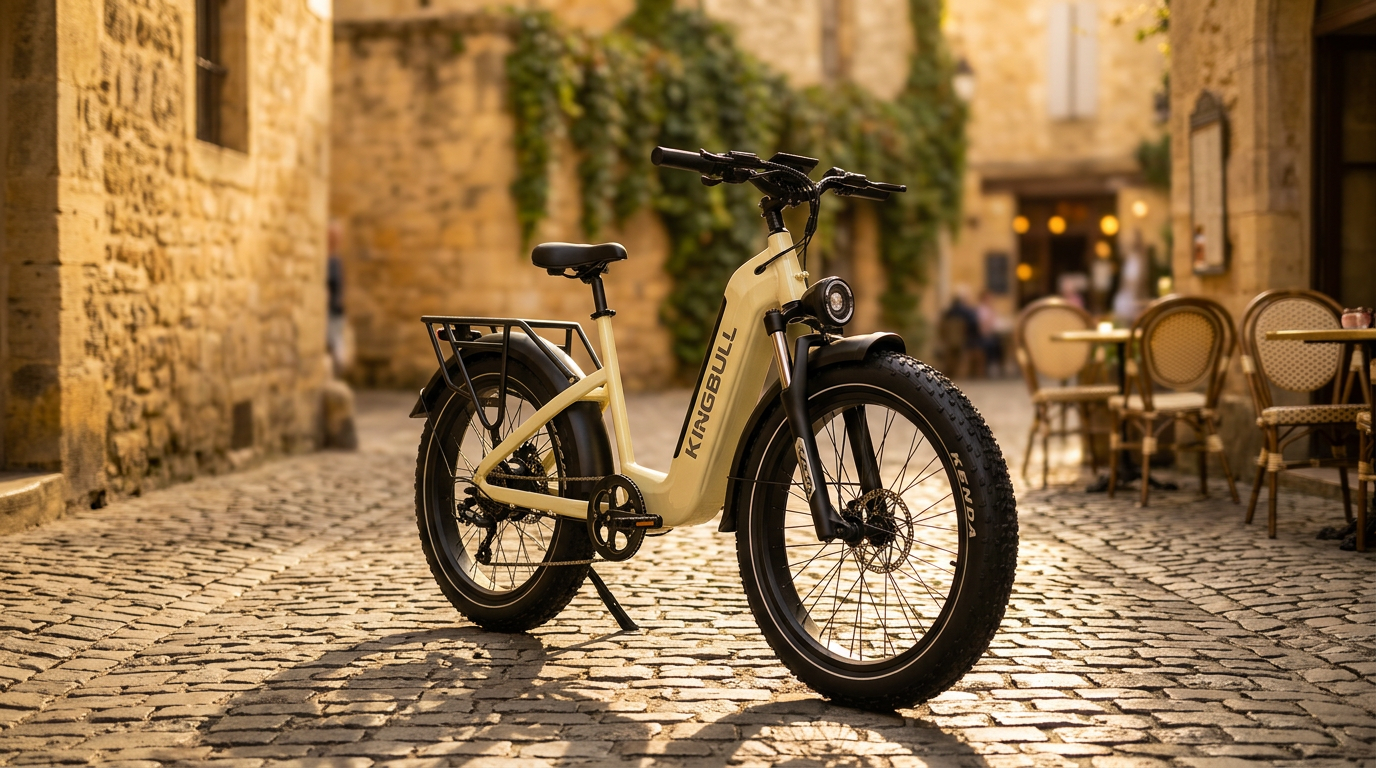 Kingbull Trekker step-through commuter e-bike on a European cobblestone street with evening bokeh