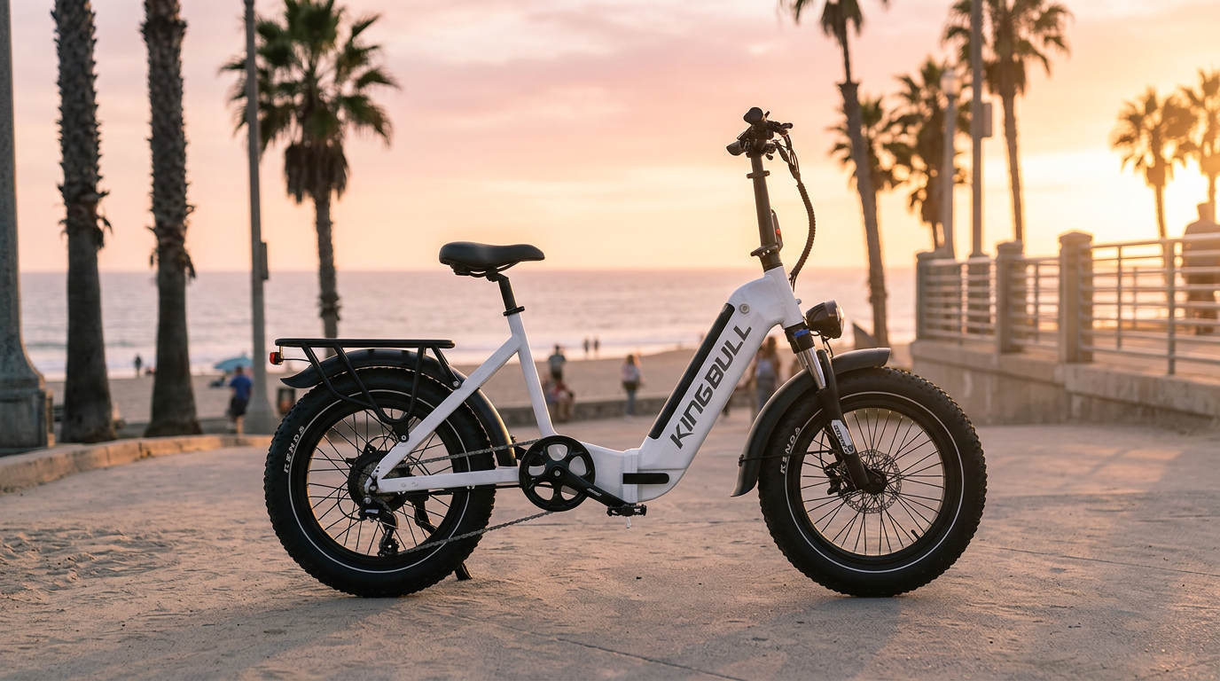 Kingbull Verve folding city e-bike on a coastal seaside boardwalk at golden hour