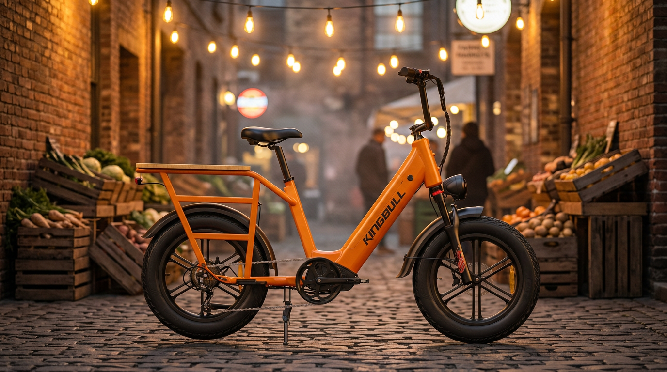 Kingbull Voyager 2.0 fat-tire electric cargo bike in a warm urban farmers market alley