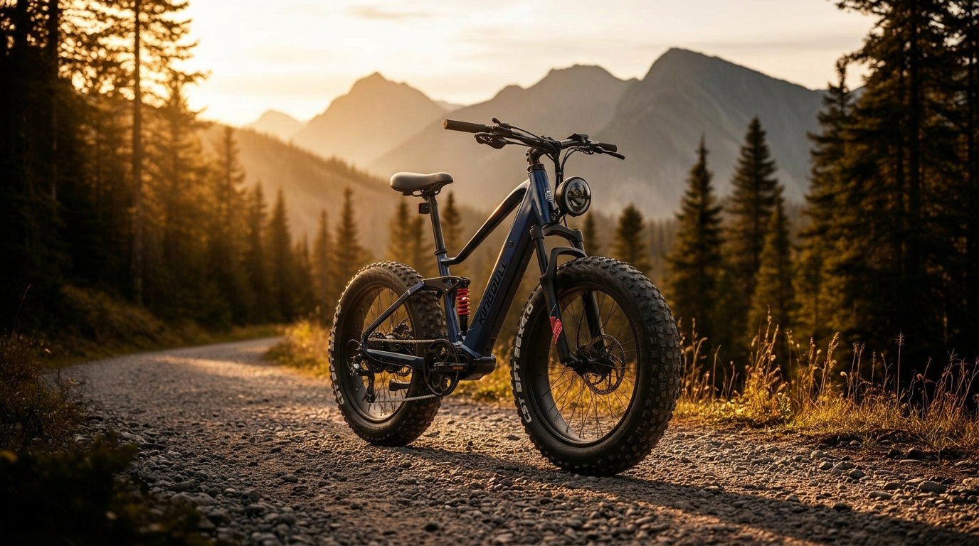 Kingbull Rover 2.0 full-suspension fat tire e-bike on a mountain gravel trail at golden hour